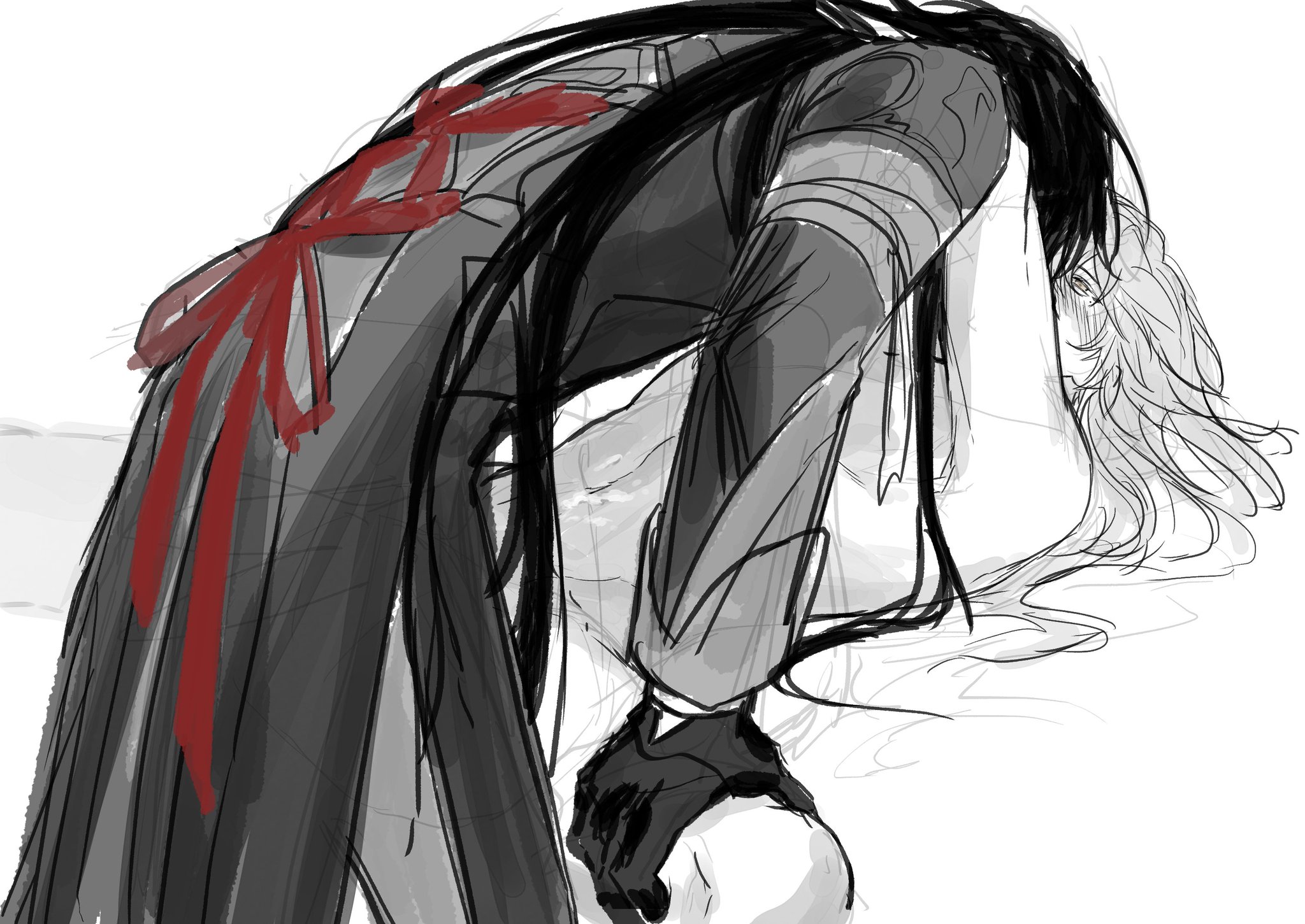 a black and white drawing of two anime girls. the girl on top has black hair and is wearing black clothing with a large red bow. she is hugging the other girl who has white hair and is lying on the ground. both girls are looking at each other. the drawing is done in a rough sketch style.