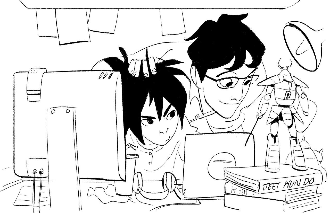 the black and white sketch shows a man and a young boy working together at a desk. the boy is focused on the computer screen while the man leans over his shoulder, pointing to something on the screen. a small robot stands on the desk beside them. the scene suggests a mentoring or teaching relationship, possibly involving technology or robotics.