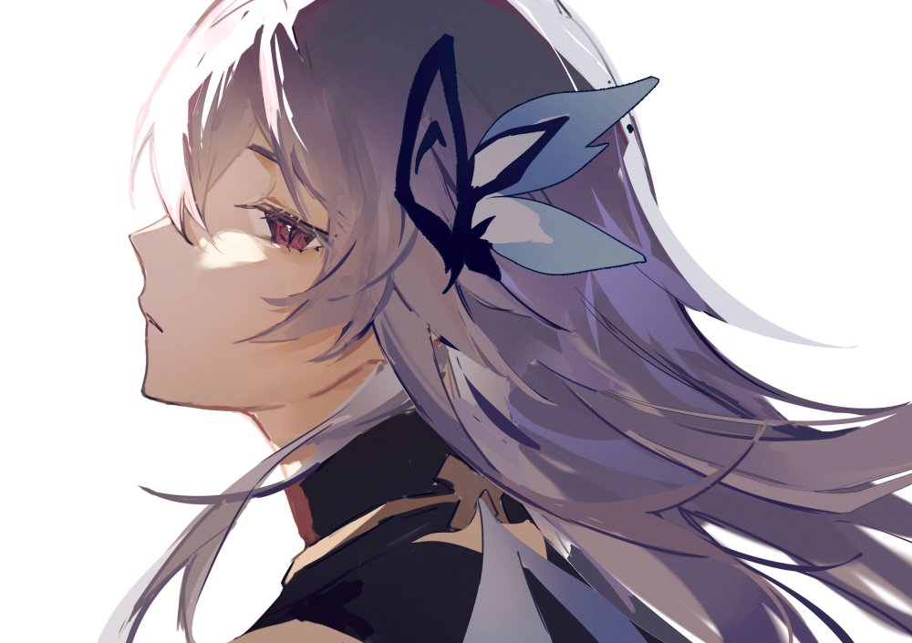 this is an anime style illustration of a girl with long purple hair and a butterfly on her hair. the background is white and the girl is looking away from the viewer. she is wearing a black dress.