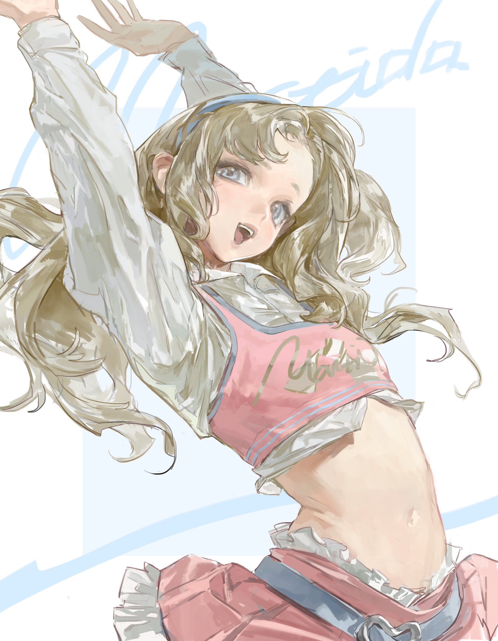 the image is a digital illustration of a beautiful anime girl with blonde hair, a white shirt, a pink skirt, and a blue belt. she is smiling and appears happy. the girl's hair is flowing in the wind, and she is standing in front of a light blue background. her eyes are a soft blue, and her skin is pale. she is wearing a white shirt that has been rolled up to her elbows. the shirt has a pink and blue trim. she is also wearing a pink skirt that has a blue belt around it. there is a white piece of material attached to her skirt, and she is holding onto it with her hands. she is looking up at the sky, and she has a happy smile on her face. the overall tone of the image is light and carefree. the image is welldrawn, and the colors are vibrant and pleasing. the girl appears to be a magical character, and she is in a moment of pure joy.