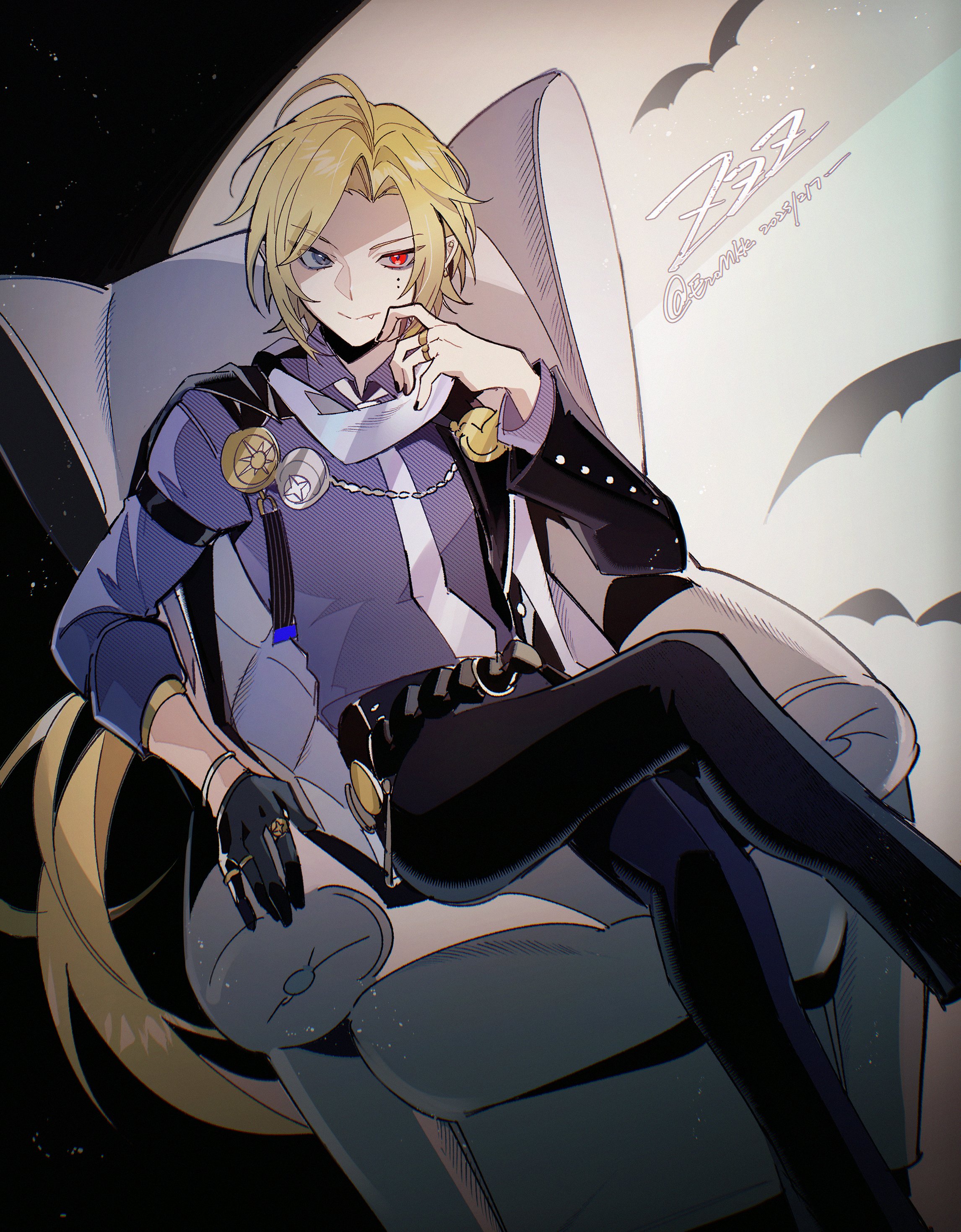 the image shows an anime style male character with blond hair, red and blue eyes, sitting on a throne. he is wearing gloves, black pants, and a coat. there are bats in the background. he appears to be a vampire. he is wearing a ring. his hair is blonde and slightly wavy. he has black hair in addition to the blonde hair.