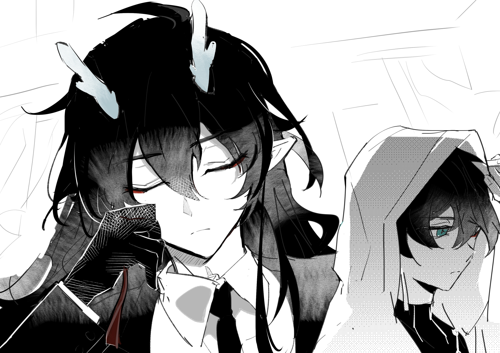 the image shows two anime characters, one male and one female, in black and white. the female character is in the foreground, with her long black hair framing her face. she's wearing a suit, and her eyes are closed. the male character is in the background, and his face is partially obscured by a hood. he's also looking down, and his blue eyes are visible. the image is drawn in a dark and mysterious style, and there are strong shadows that give the image a sense of drama. the characters' expressions and the overall composition of the image suggest that they are experiencing some kind of sadness or worry.