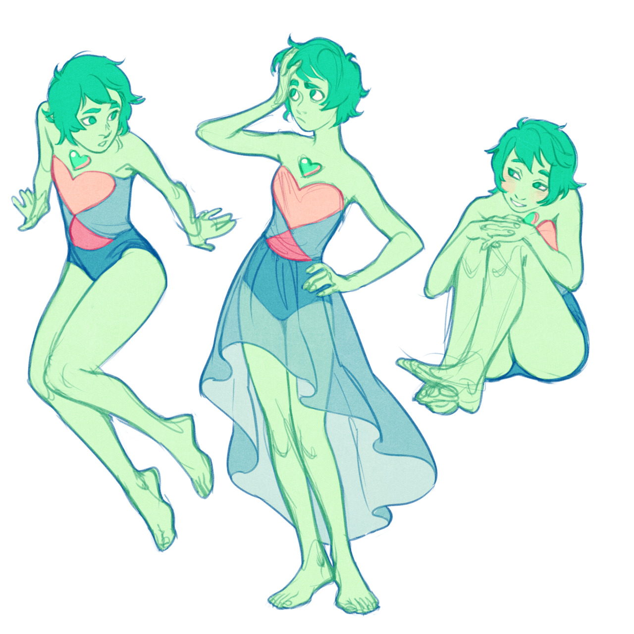 this is a fanart sketch of the steven universe character malachite. she's drawn in three different poses and is wearing a green and pink leotard.