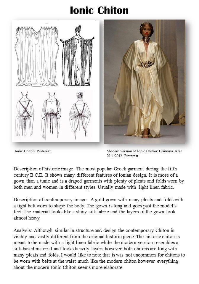 the image shows a comparison between a historical ionic chiton and a modern version of the same garment. the left side features sketches of various styles of the historical ionic chiton, while the right side shows a photograph of a modern gold gown inspired by the design. below the images, there are descriptions and an analysis comparing the two. the historical chiton is described as a greek garment from the fifth century b.c.e., made of light linen fabric with pleats and folds. the modern version is a gold gown made of shiny silk fabric with a tight belt. the analysis discusses the similarities and differences in structure, design, and materials between the two garments.