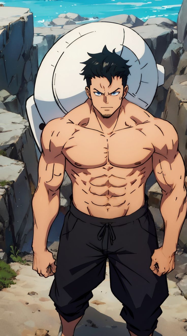 a muscular anime male character is standing on a beach, with a large, white object behind him. he is looking at the viewer and has his arms at his sides. he is wearing black pants and his upper body is shirtless. he has a very muscular physique and his abs are clearly visible. the background is a beach with rocks and water. the sky is a bright blue and there are clouds in the distance.