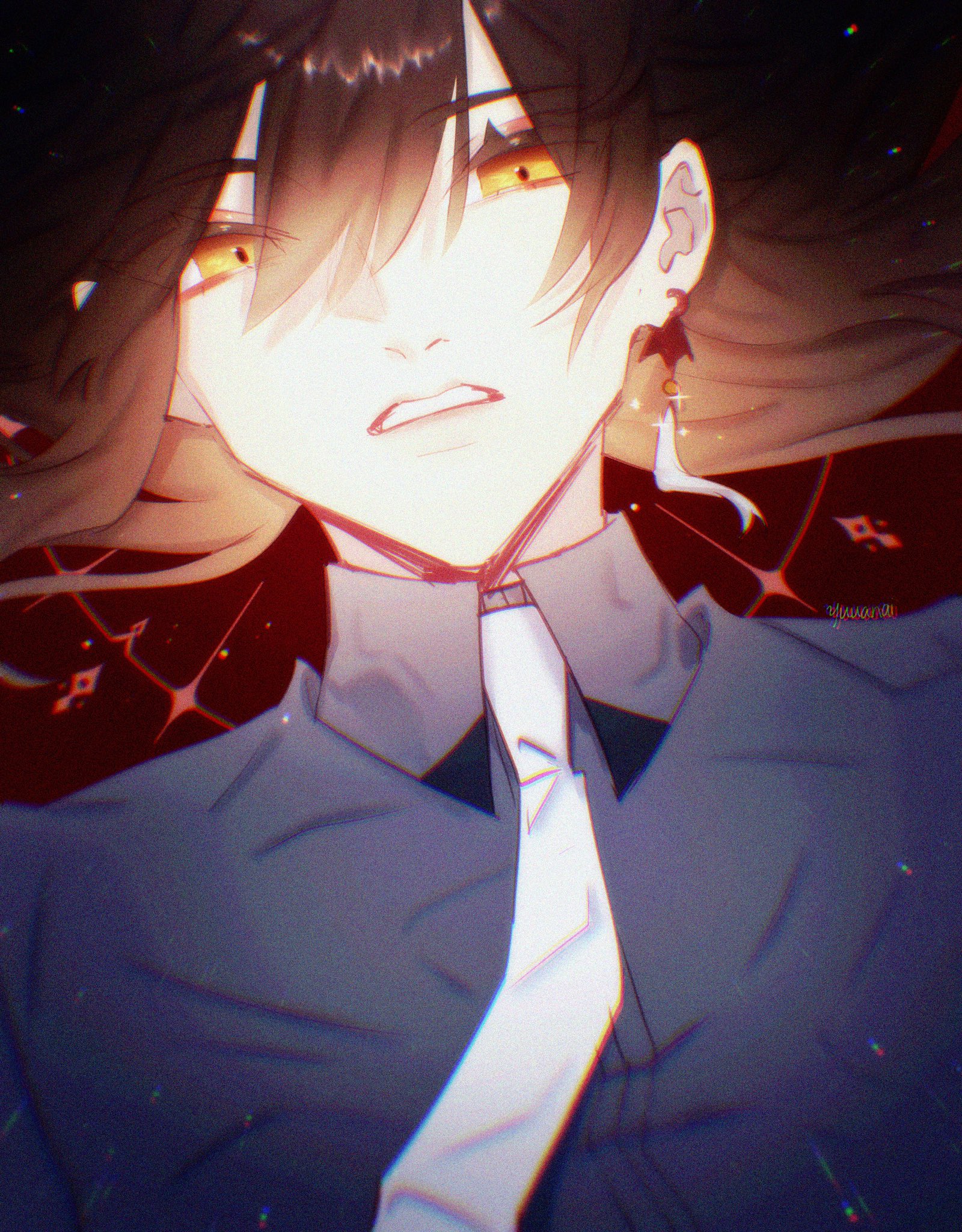 this is a digital illustration of an anime character. the character is a young man with long black hair that covers most of his face. he has intense red eyes and is wearing a white collar, a purple shirt, and a blue jacket. he has a determined expression on his face. the background is a dark red with stars. the image has a glow effect around the character. the art style is very detailed and vibrant.