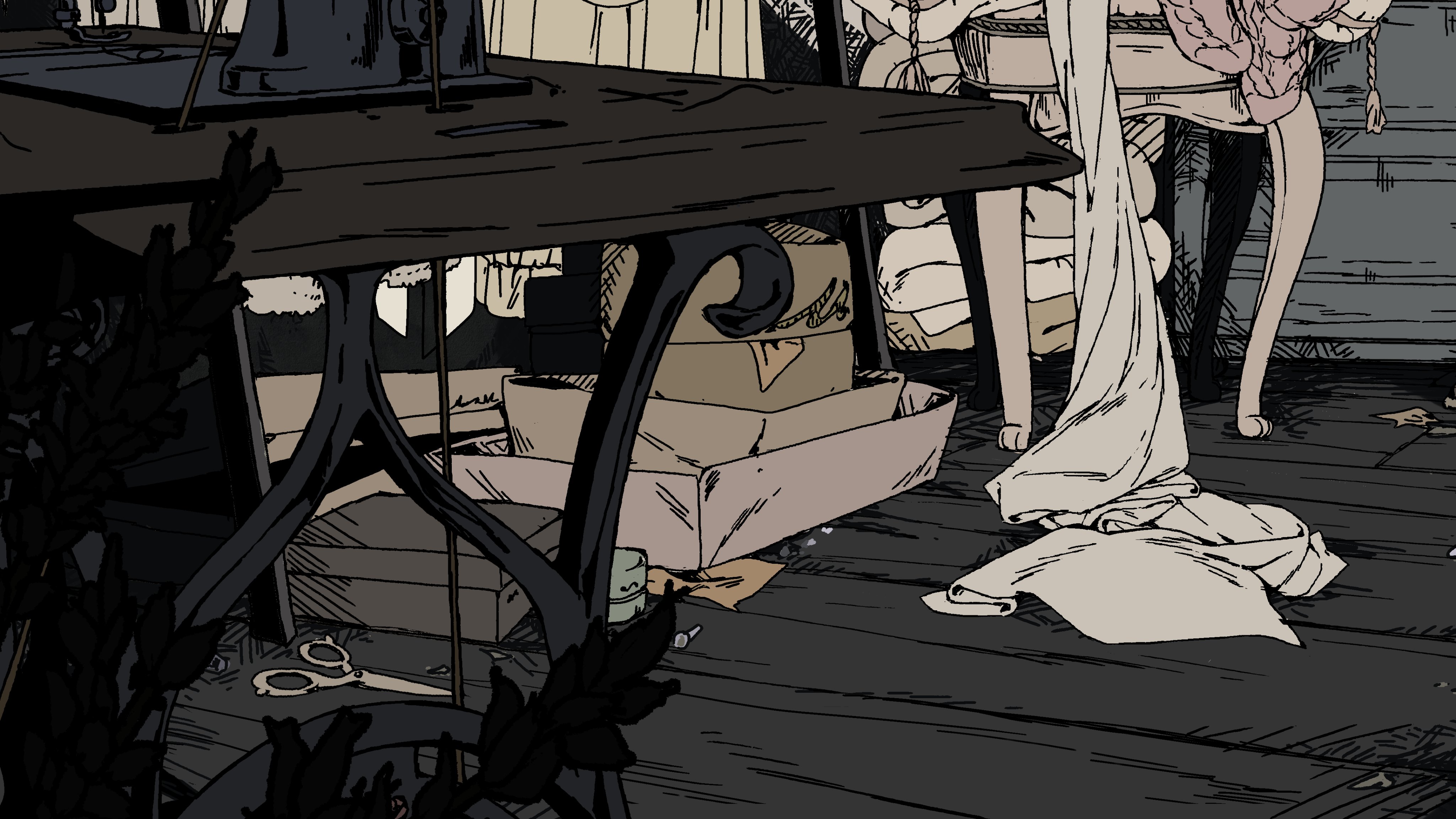 a vintage sewing machine sits on a table in a workshop. fabric is strewn about the table, and a box sits nearby. a chair sits behind the table with fabric draped over it. scissors sit on the floor, and the whole scene is lit by soft light.