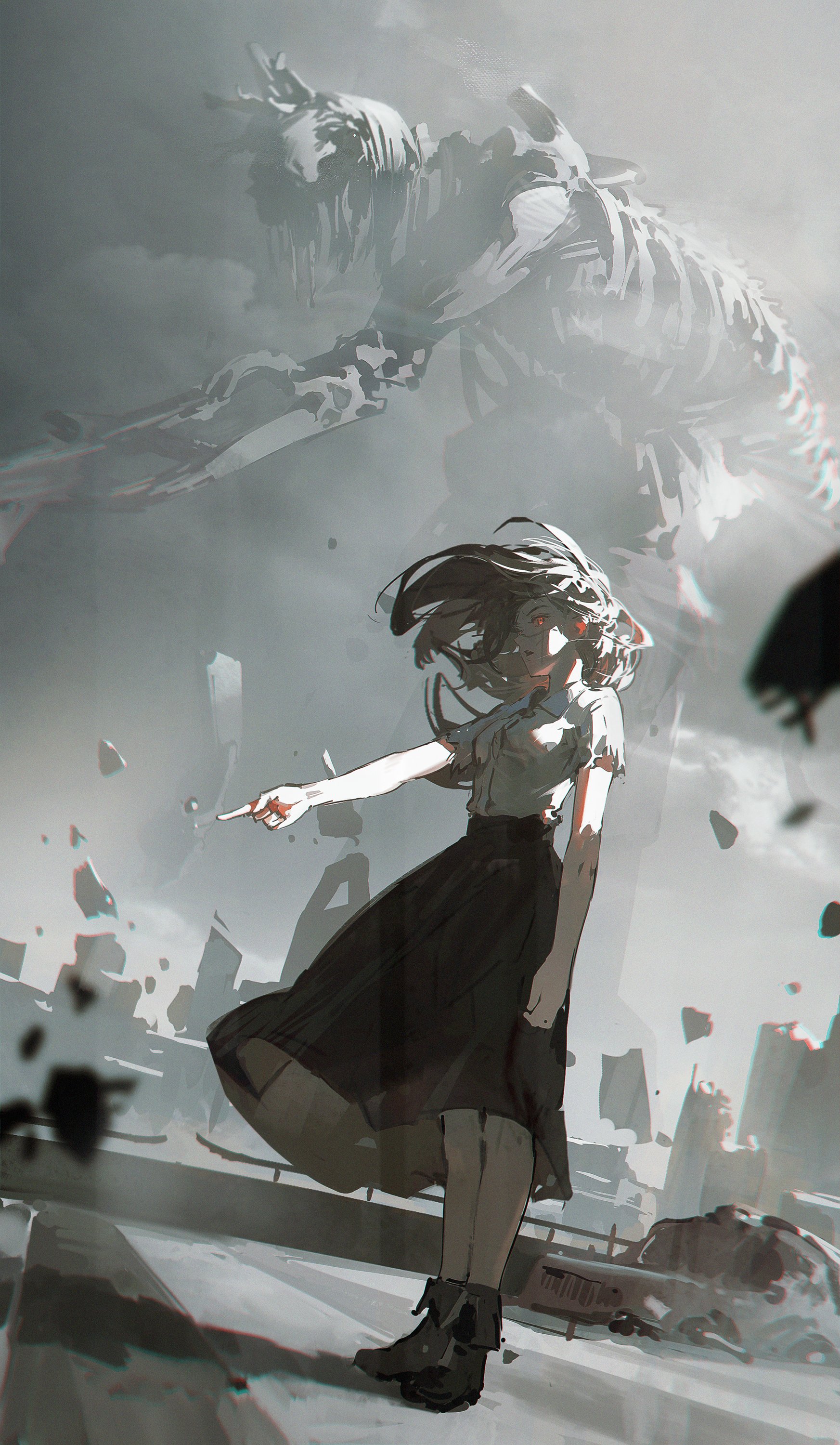 a young anime girl is pointing her finger forward, as if leading the way. she is standing in a cityscape in ruins. everything around her is a mess of debris and destruction. she stands on a street and there is a giant, monstrous creature in the background, looming over the city. the scene is dark and gloomy, but the girl looks determined and hopeful.