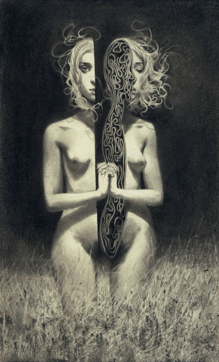 a black and white drawing of a woman with her head tilted back and hair flowing, looking mysterious with her eyes closed. she is nude, and her torso is obscured by a black and white abstract shape that resembles a maze or a body. the woman stands in a field of long grass, giving the scene an ethereal and surreal quality. the dark background suggests an unsettling or dreamlike atmosphere. the drawing is done in pencil and charcoal, with a textured style that adds to the overall surreal feeling.