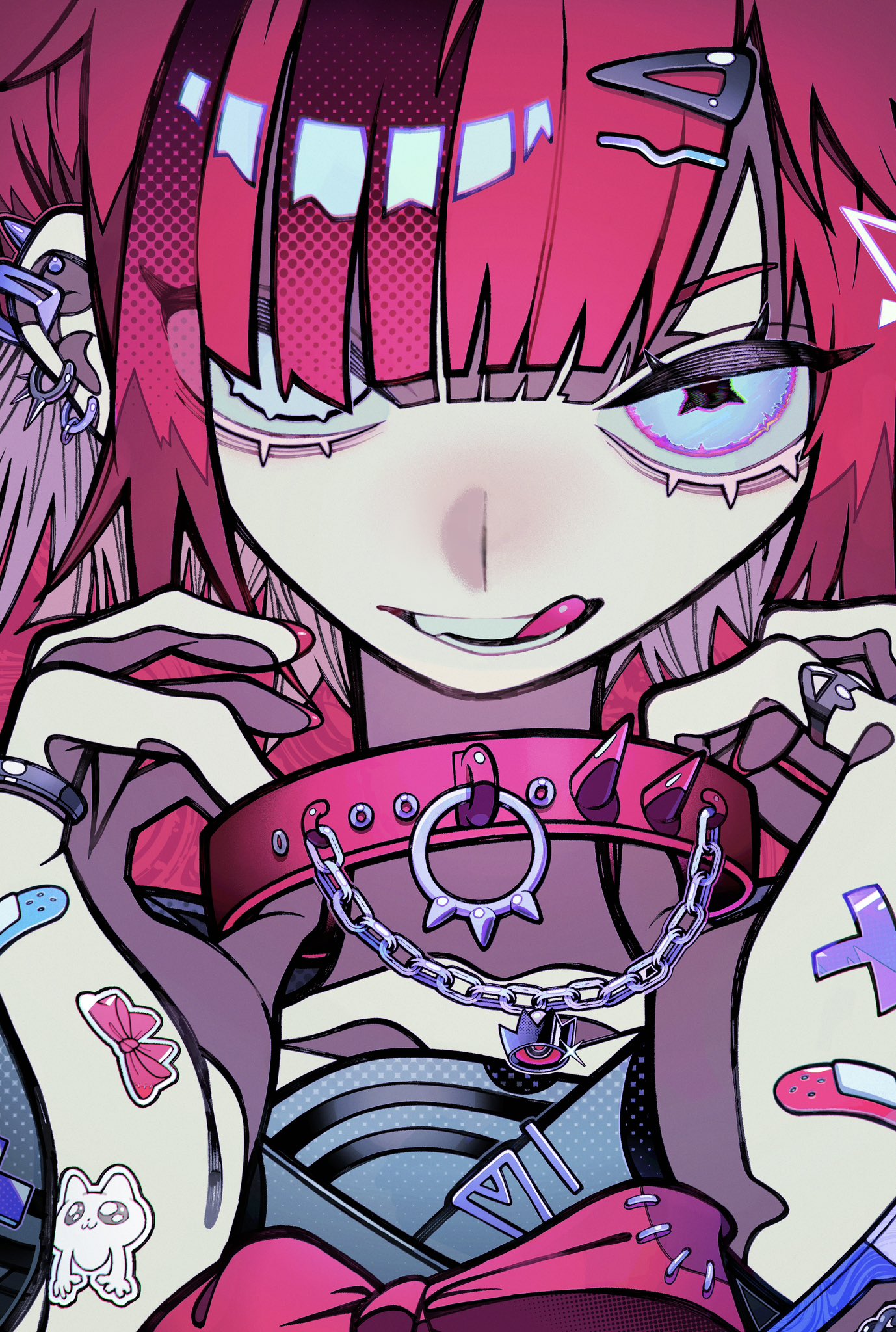 a digital illustration of an anime girl with pink hair, red eyes, and a punk aesthetic. she is wearing a choker with chains and spikes, a black top with a pink bow, and has several piercings, tattoos, and bandaids on her body. her expression is playful and seductive, with a smirk on her face. she looks cool and confident, showcasing a bold and rebellious style.