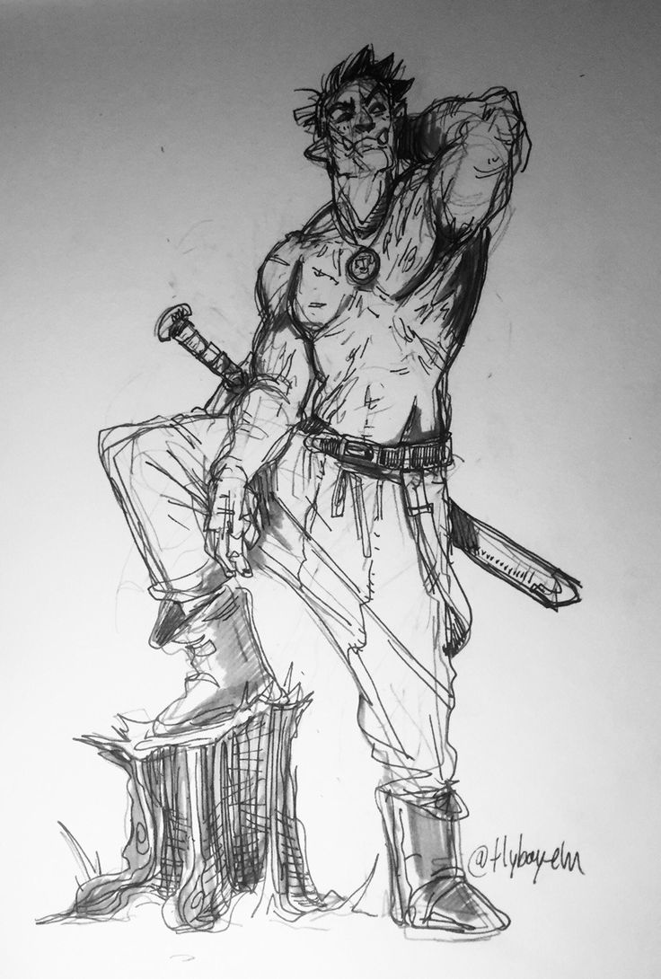 this is a black and white pen and ink drawing of a fantasy warrior, he is a muscular man with a sword strapped to his side and a confident pose, he is standing on a tree stump.