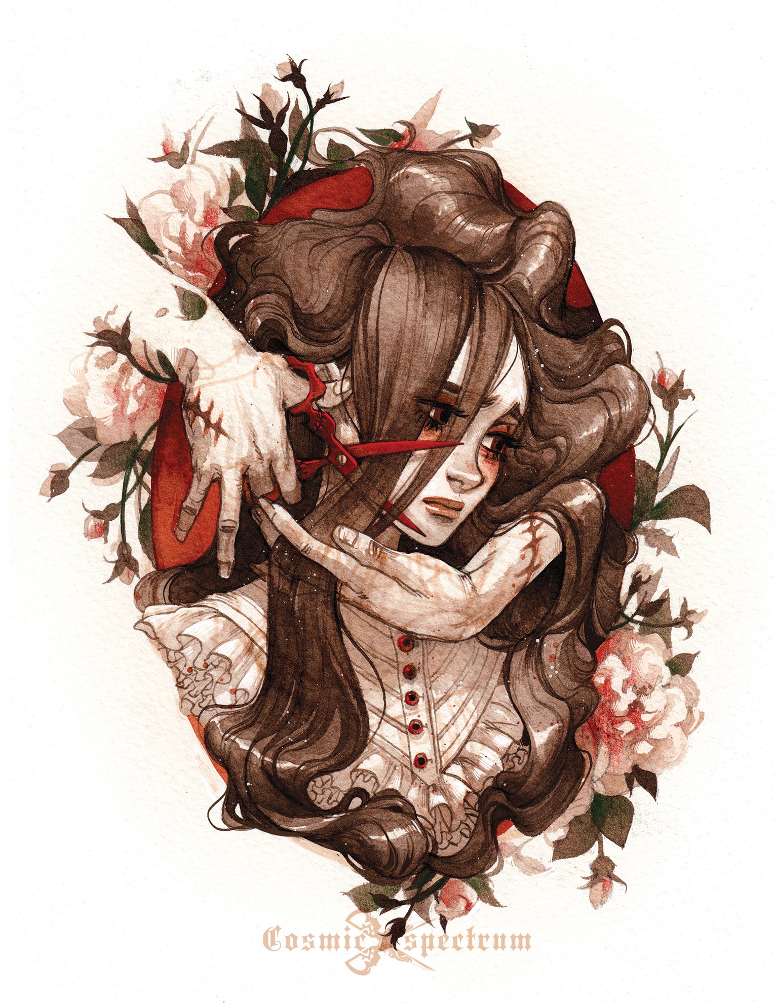 the image is a watercolor and/or digital painting in a gothic romantic style by the artist cosmic speetrum. it depicts a young woman with long, dark brown hair styled in an elaborate updo.  she has a sorrowful expression. a pair of red scissors is being used to cut her hair by a pale hand that seems to emerge from behind her. the woman is dressed in a white, ruffled victorianstyle blouse or bodice.  she is surrounded by red and pink roses in a circular frame. the overall color palette is muted browns and reds, creating a dark, yet elegant and emotionally evocative mood. the artwork suggests themes of selfharm, emotional distress, or perhaps a metaphorical sacrifice.