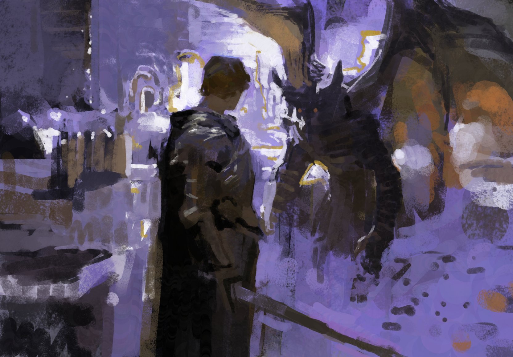 an ominous dark creature with large sharp teeth and glowing red eyes is standing behind a figure in a dark cloak, the two figures are in a dark, shadowy, mysterious and scarylooking room, it looks like an ominous scene.