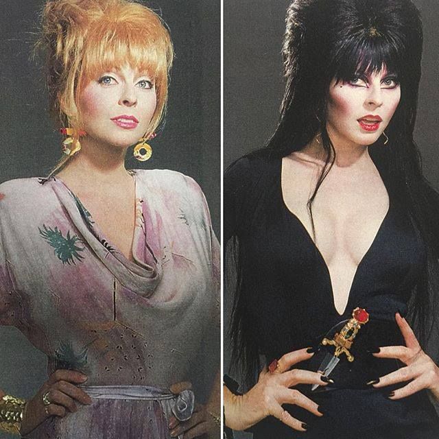 two actresses are posed sidebyside. the woman on the left is wearing a floral dress and has her blonde hair styled in a bouffant. the woman on the right is wearing a black dress and has long dark hair styled with dramatic bangs.  they are both posed with a slightly dramatic style and have striking makeup.