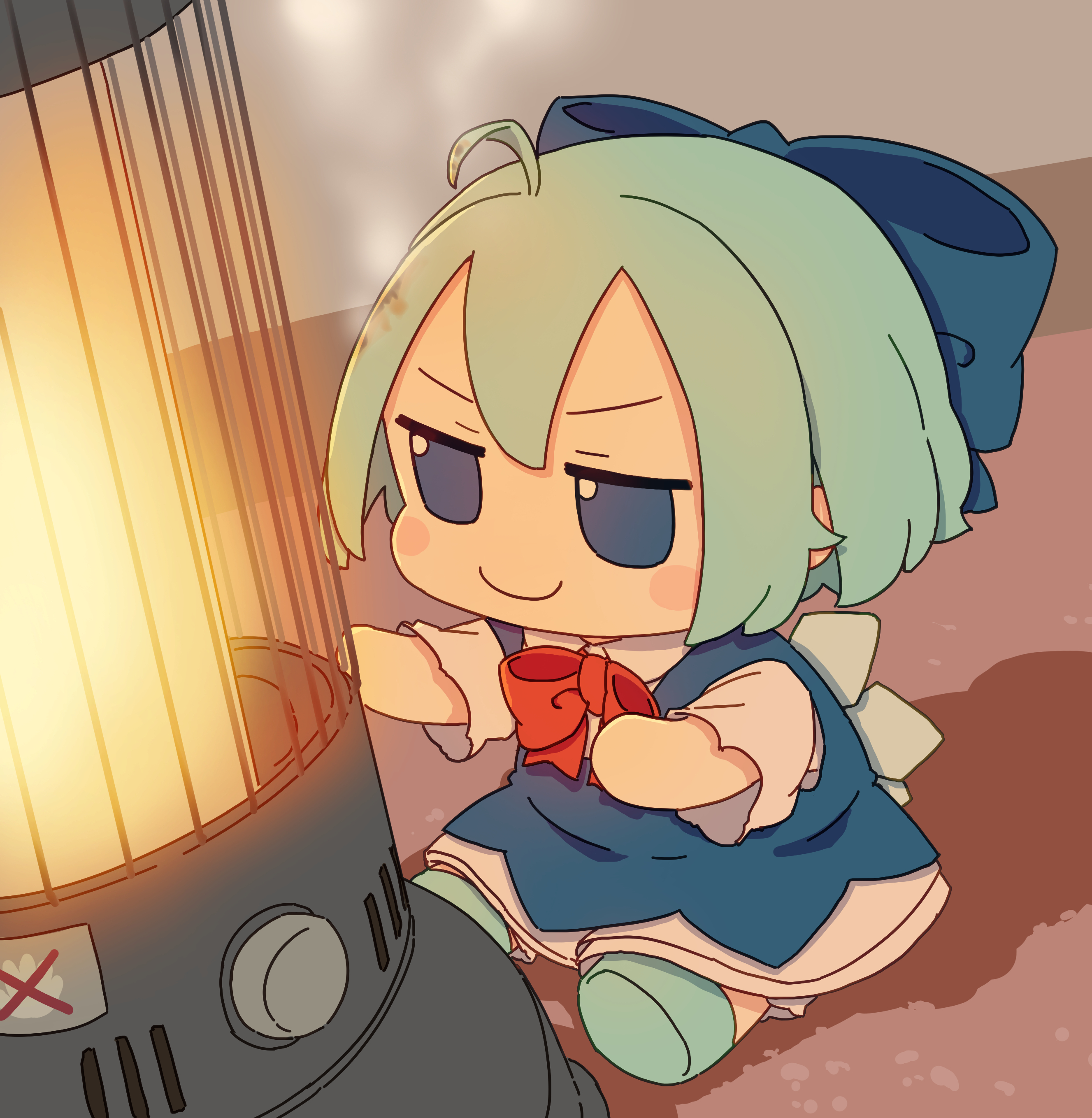 a chibistyle illustration of cirno from the touhou project warming herself by a heater. she is wearing her signature blue and white outfit and has a smug, satisfied expression on her face. the art style is cute and slightly stylized. the background is a simple, muted color palette with a focus on the character and the heater.