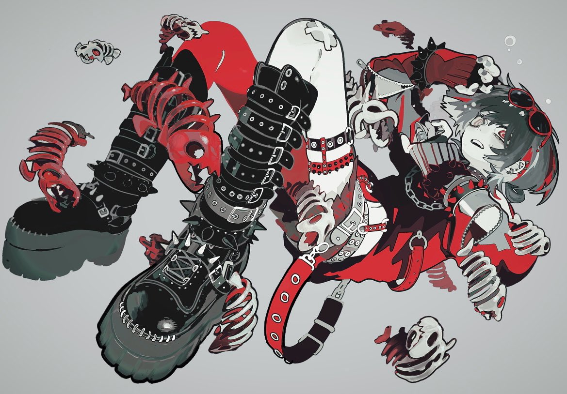 a digital illustration of an animestyle girl in a punk rock outfit with skulls and bone details,  her outfit is predominantly red and black, with the girl's  hair is black, she's wearing thick black  boots, and large belts and chains. the girl's expression is one of surprise or shock. the art style is bright and colorful.