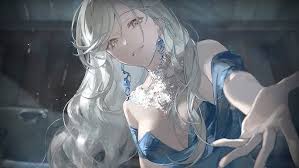 an animestyle portrait of a woman with silver hair wearing a blue dress. she has light skin and is adorned with jewelry. her hand is reaching towards the viewer. the background is dark and slightly blurred.