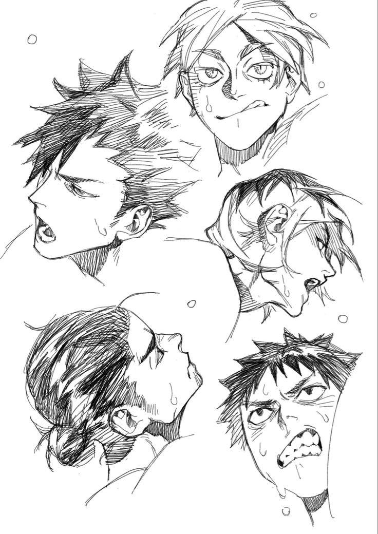 this image is a digital drawing of five anime characters, four of which are male and one of which is female.  all five characters are in various poses and expressions, and are drawn with thick, dark lines.  the drawing is done in black and white, and the characters are all young and in their teens.