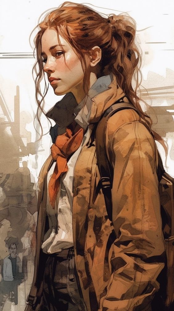 the image shows a young woman with long, flowing red hair pulled back in a loose ponytail. she's wearing a brown jacket over a white shirt and a red scarf. she has a backpack slung over one shoulder and is looking to the side with a contemplative expression. the background is a blurry cityscape, suggesting she is in a bustling urban environment. the overall style of the image is realistic, resembling a digital painting.