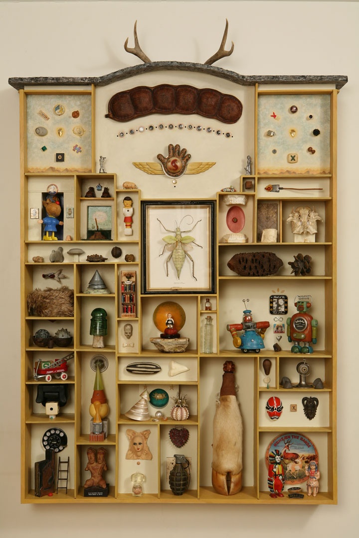 a wooden shadow box or display case filled with a wide array of objects and artifacts is affixed to a lightcolored wall. the case is divided into numerous compartments of varying sizes, each containing a different item. the top of the case is decorated with deer antlers and a collection of rounded, brown objects. at the center of the display is a framed drawing of an insect, while various other compartments hold toys, figurines, taxidermied items, and assorted collectibles. the overall impression is one of a meticulously curated collection of oddities and curiosities.