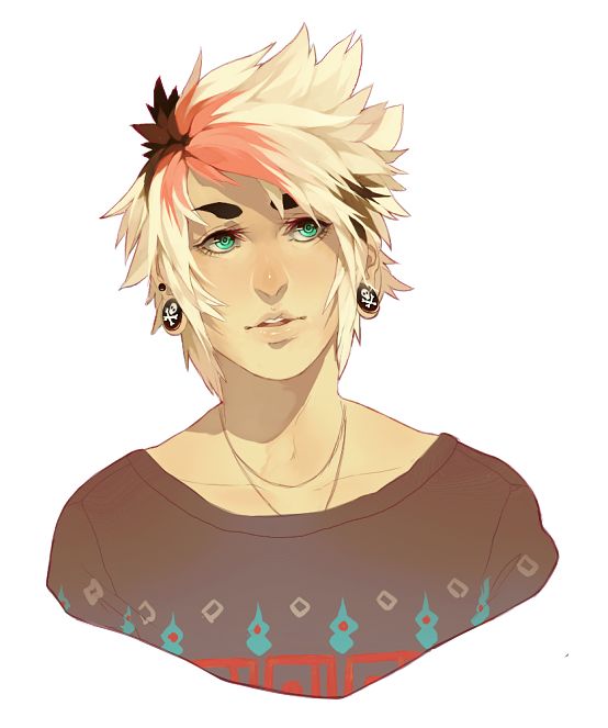the image is a digital drawing or painting of a young man, styled in a manner reminiscent of anime or manga. he has a striking hairstyle with blonde and pink highlights, spiky and styled upward.  his eyes are bright green, and he has noticeable piercings in his ears, featuring skullshaped earrings. he's wearing a dark brown or gray sweater with a subtle, geometric patterned design near the bottom hem. the overall style is soft and slightly androgynous, with a focus on the character's facial features and expression. the background is plain white, keeping the attention on the character. the art style appears to be digitally rendered, with a slightly painterly feel to the shading and coloring.