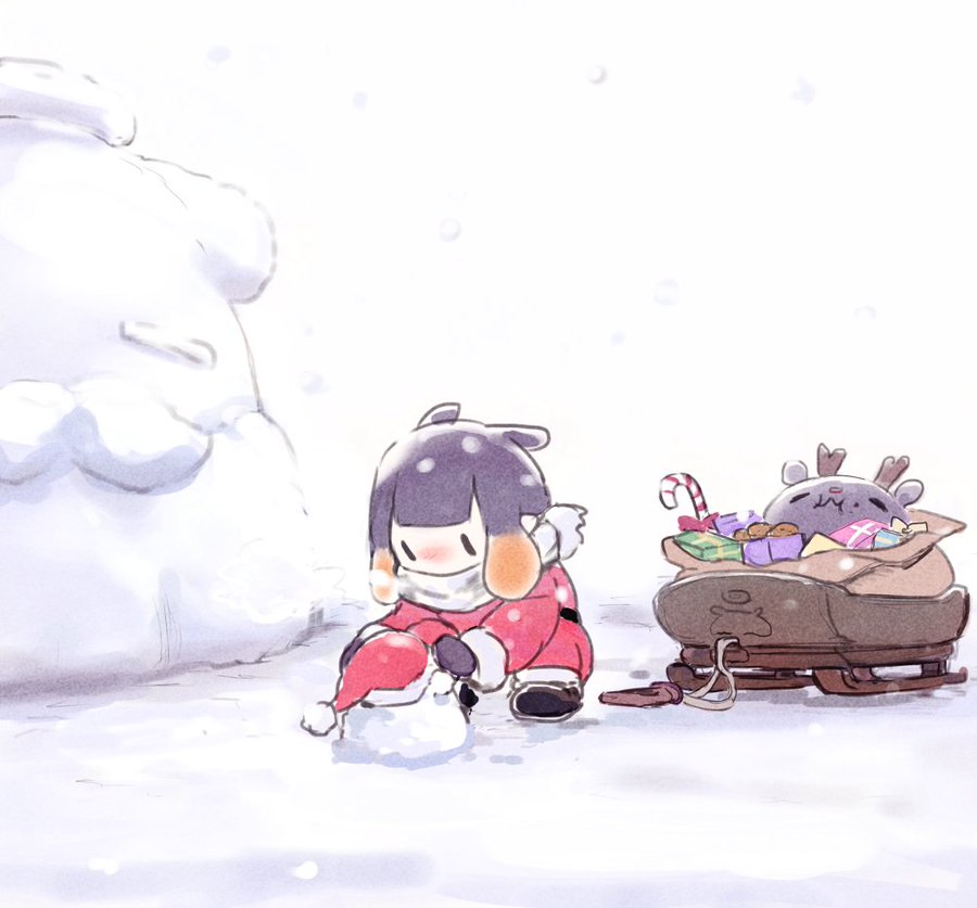 young child dressed in a santa suit is playing in the snow, putting a santa hat on a small snowman. a sled loaded with presents and a plush reindeer sits behind them. the scene is bathed in soft, diffused light, conveying a sense of warmth and holiday cheer despite the snowy environment.