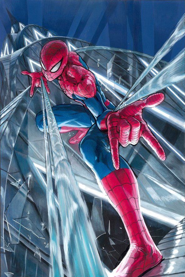 this illustration showcases the iconic spiderman in a dynamic pose, webslinging through a futuristic city. the detailed depiction of his suit and the background adds a sense of depth and movement to the image. the artwork is a blend of traditional comic art and digital style, making it both classic and contemporary.