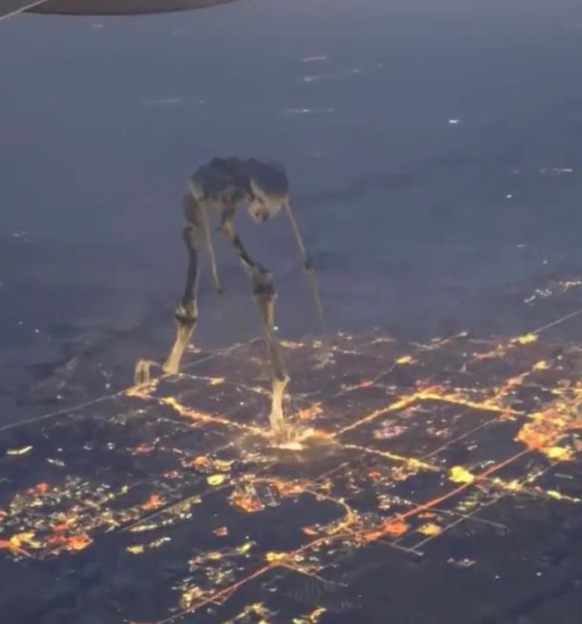 the image depicts a giant, skeletal humanoid figure seemingly walking across a sprawling city at night. the perspective is from a high altitude, as if viewed from an airplane. the city lights illuminate the ground below, emphasizing the immense scale of the skeletal figure. the overall style is surreal and slightly unsettling.  it appears to be a digitally altered image or a piece of digital art, not a genuine photograph of a giant skeleton.