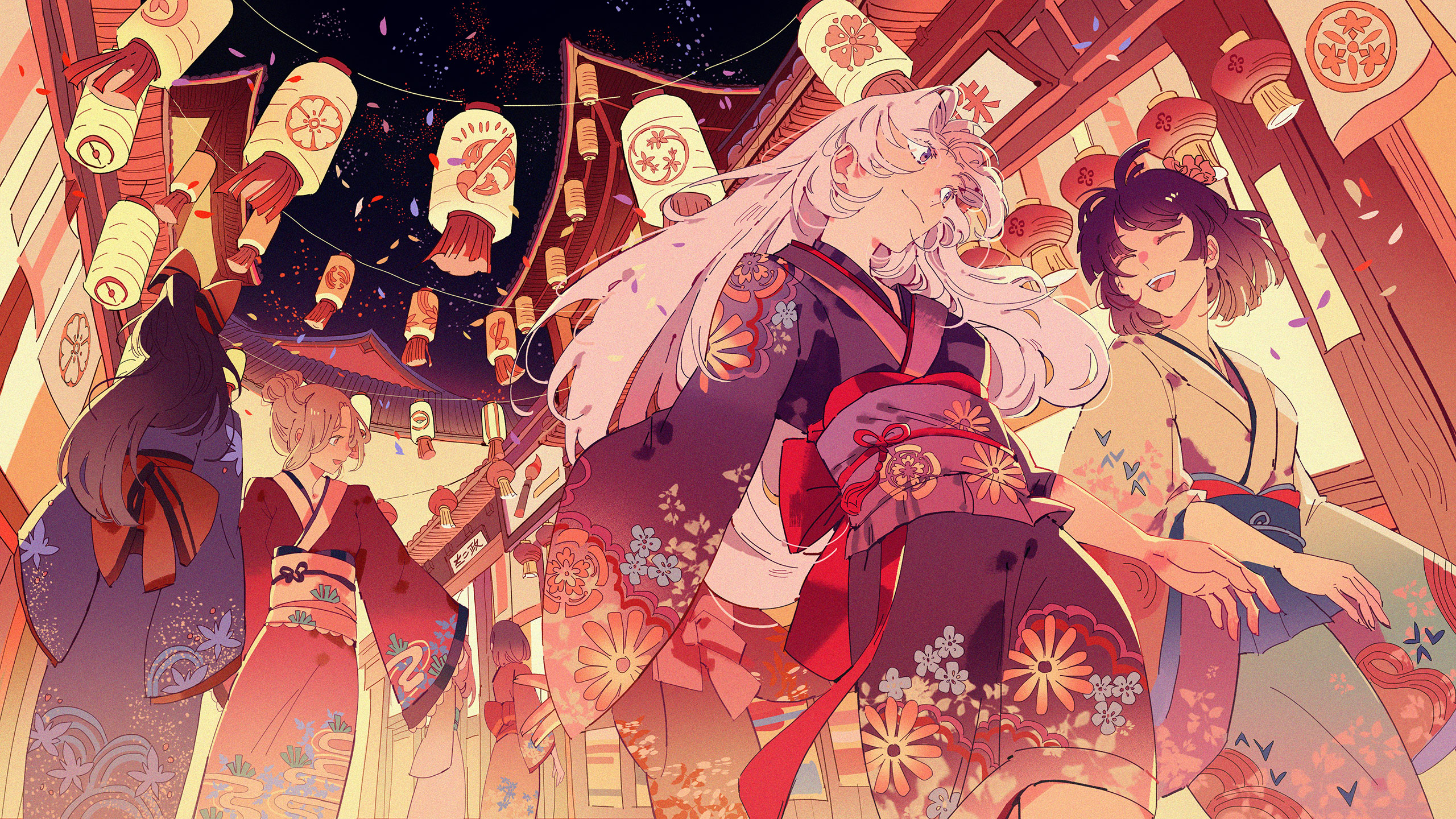 the image is a colorful anime depiction of three young women in traditional japanese kimonos walking down a bustling street lit with lanterns. the women are smiling and laughing, seemingly enjoying the festive atmosphere of the festival. the scene is detailed with many lanterns, flower designs, and a starry night sky. the colors are vibrant and eyecatching, adding to the celebratory mood of the image.