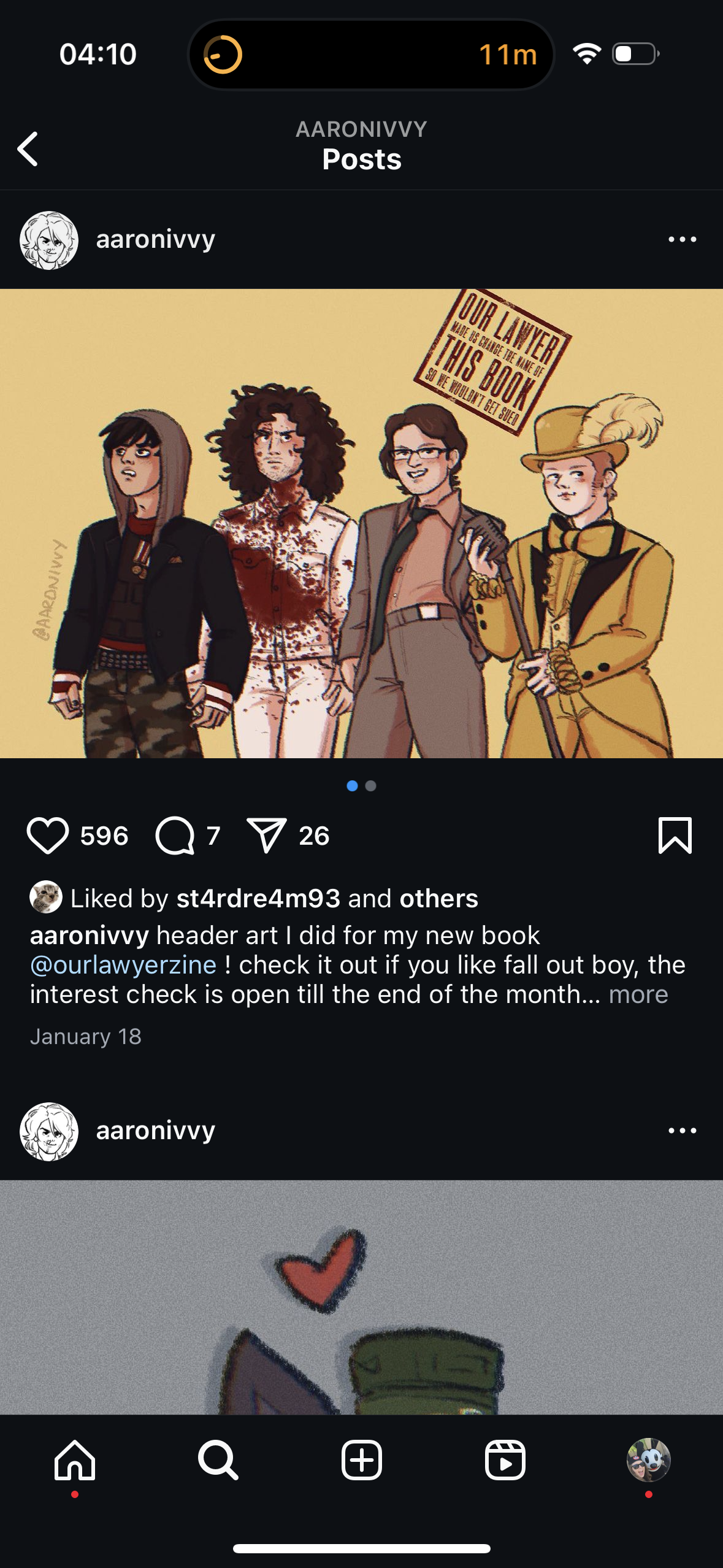 the image is a post from an instagram account called "aaronivvy". it features a piece of art that aaronivvy drew that is a header image for their new book. they reference "fall out boy" in the caption and mention that an interest check for their book is open until the end of the month. the artwork features five young men, standing in a line, with their backs to the viewer, and a sign that says "our lawyer made us change the name of this book so it wouldn't get banned".  the image is drawn in a cartoon style and the characters are all brightly coloured. the background is a simple yellow.