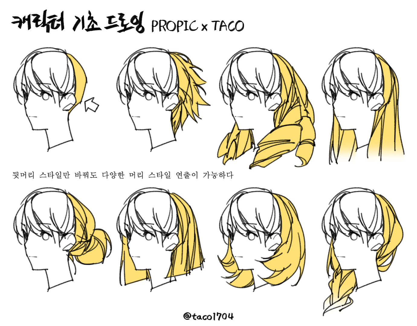the image showcases a tutorial on different hairstyles. it features a character’s head with various hairstyle variations, emphasizing how changing the back of the hair can dramatically alter the overall look.content: drawing, hairstylespeople:  environment: lighting: perspective: side viewkw: hairstyle, tutorial, hair, drawing, character design, variations