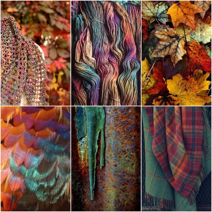 a collage of images that showcases the colors and textures of autumn. there are images of fall leaves in various shades of red, orange, yellow, and brown. there are also images of yarn, wool, plaid, rust, metal, and feather. each image is arranged in a square pattern.