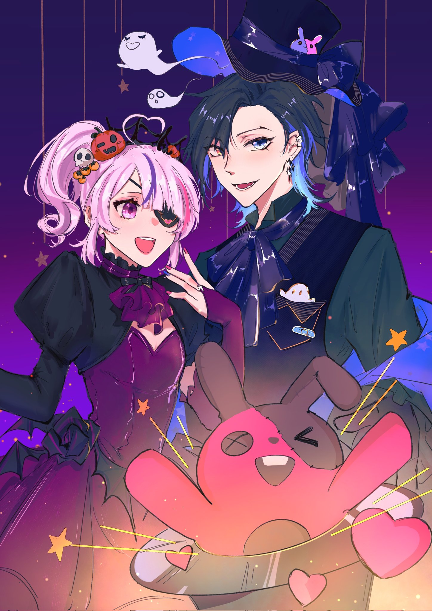 this anime style illustration features a girl and a boy in halloween costumes. the girl is dressed in a purple and black dress with a black cape, while the boy is wearing a black suit with a blue shirt and a top hat. the girl is holding a plush bunny with x's for eyes and a crooked smile. they are both surrounded by stars and hearts, and there are ghosts floating in the background. the scene is set against a purple and black backdrop, and it has an overall spooky and magical feel.