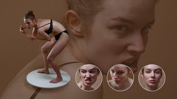 a woman is positioned on a white circular platform against a muted brown backdrop. she is captured in a dynamic pose, her body contorted to showcase a range of emotions.  her facial expressions alternate between anger, sadness, and a neutral state. the closeup perspective emphasizes the details of her features and the intensity of her expressions.
