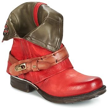 a pair of women's red leather ankle boots with a foldedover collar and a buckle strap. the boots are distressed and have a casual, bikerstyle look. they are shown on a white background.