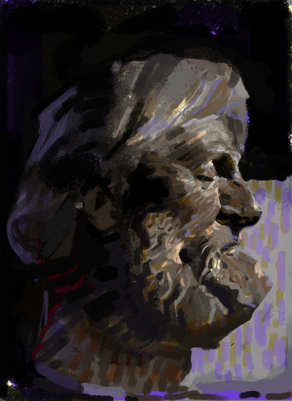 this digital painting is a portrait of an old man, likely a sculpture, in profile view. the man's face is textured and wrinkled, and his beard is long and thick. the painting is done in a rough, abstract style with visible brush strokes, adding a sense of movement and depth to the image. the overall mood is contemplative and mysterious. the dark background adds to the sense of depth and drama. the image is not sharp or defined, but rather blurry and impressionistic, as if viewed through a haze.