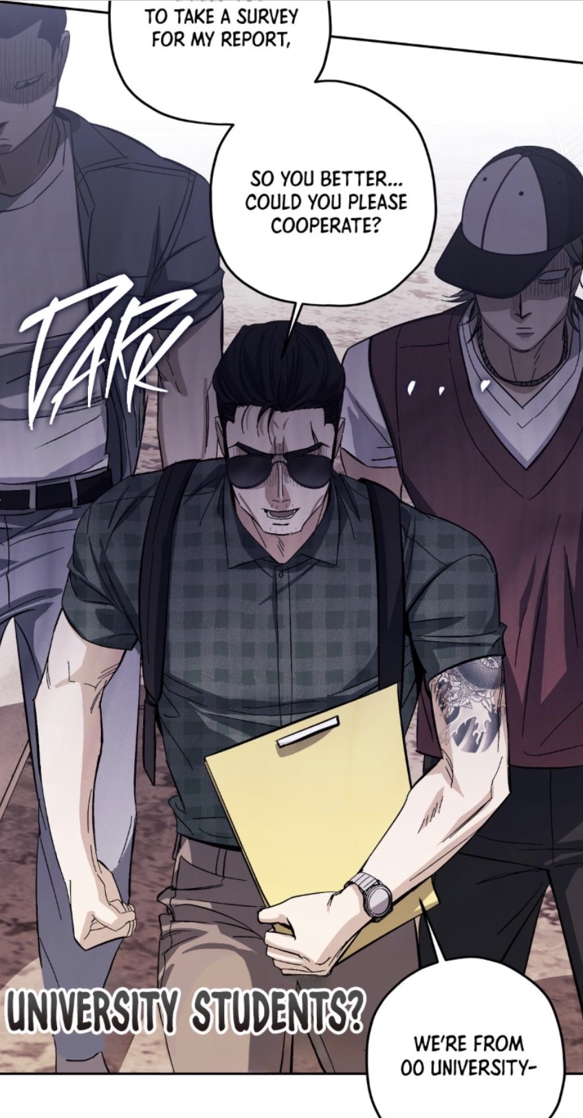 he image is a comic book panel depicting a scene where a man in sunglasses and a plaid shirt is being questioned by several other men.  he's holding a clipboard, and the text bubbles indicate a survey is being conducted for a report. the other men, some dressed in casual clothing and one in a baseball cap, appear to be university students and seem slightly apprehensive about the situation. the overall mood is tense and serious. the art style is realistic with a dark color palette.