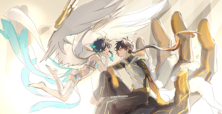 the image is a digital illustration of an anime couple. the female character is an angel with white wings and a blue halo. she is wearing a white dress with gold trim and a blue ribbon. she is floating in the air, her eyes closed, and she is smiling gently. the male character is dressed in a gold and black outfit, with a long black coat. he is sitting on a golden throne, his eyes fixed on the angel. he is also smiling gently. the background of the image is a bright white and gold, which is suggestive of heaven. the overall tone of the image is one of love, romance, and light.