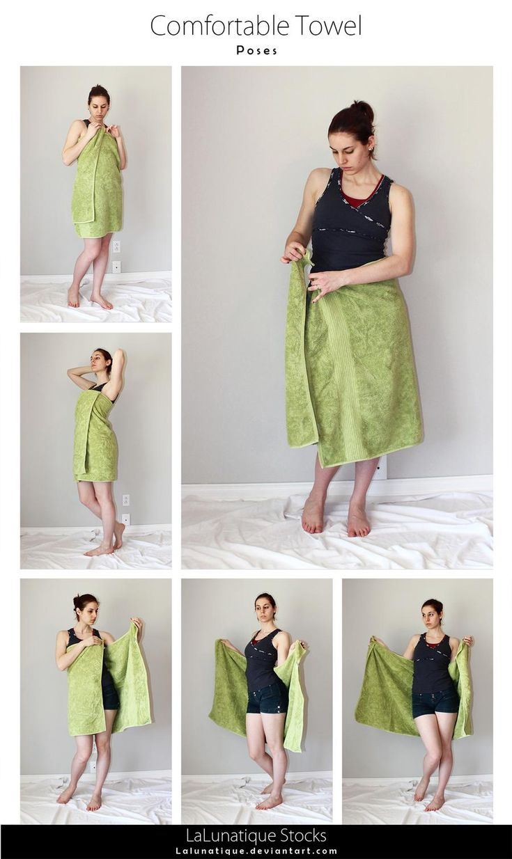 this image shows a woman standing in 6 different poses.  she is wearing a green towel in different ways. the background is white and the woman is wearing a black shirt and black shorts underneath.