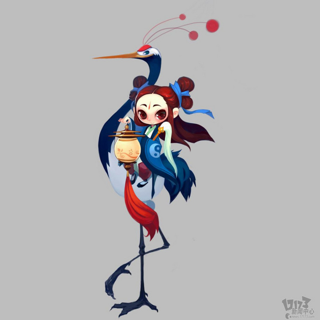 a whimsical digital illustration of a young girl, dressed in traditional asianinspired attire, perched upon a majestic crane. the girl holds a lantern adorned with a yinyang symbol, and the scene is set against a muted gray backdrop.