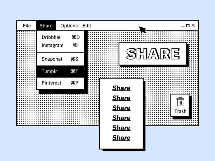 the image shows a stylized computer window with a dotted background. the window has a menu bar at the top with options like "file," "share," "options," and "edit." underneath the "share" menu, a dropdown list appears with social media options: "dribbble," "instagram," "snapchat," "tumblr," and "pinterest," each paired with a shortcut key. a prominent "share" box is displayed in the window. below, another menu listing "share" multiple times is shown, along with a "trash" icon. a cursor hovers near the top of the window. the overall design mimics an oldschool computer interface.