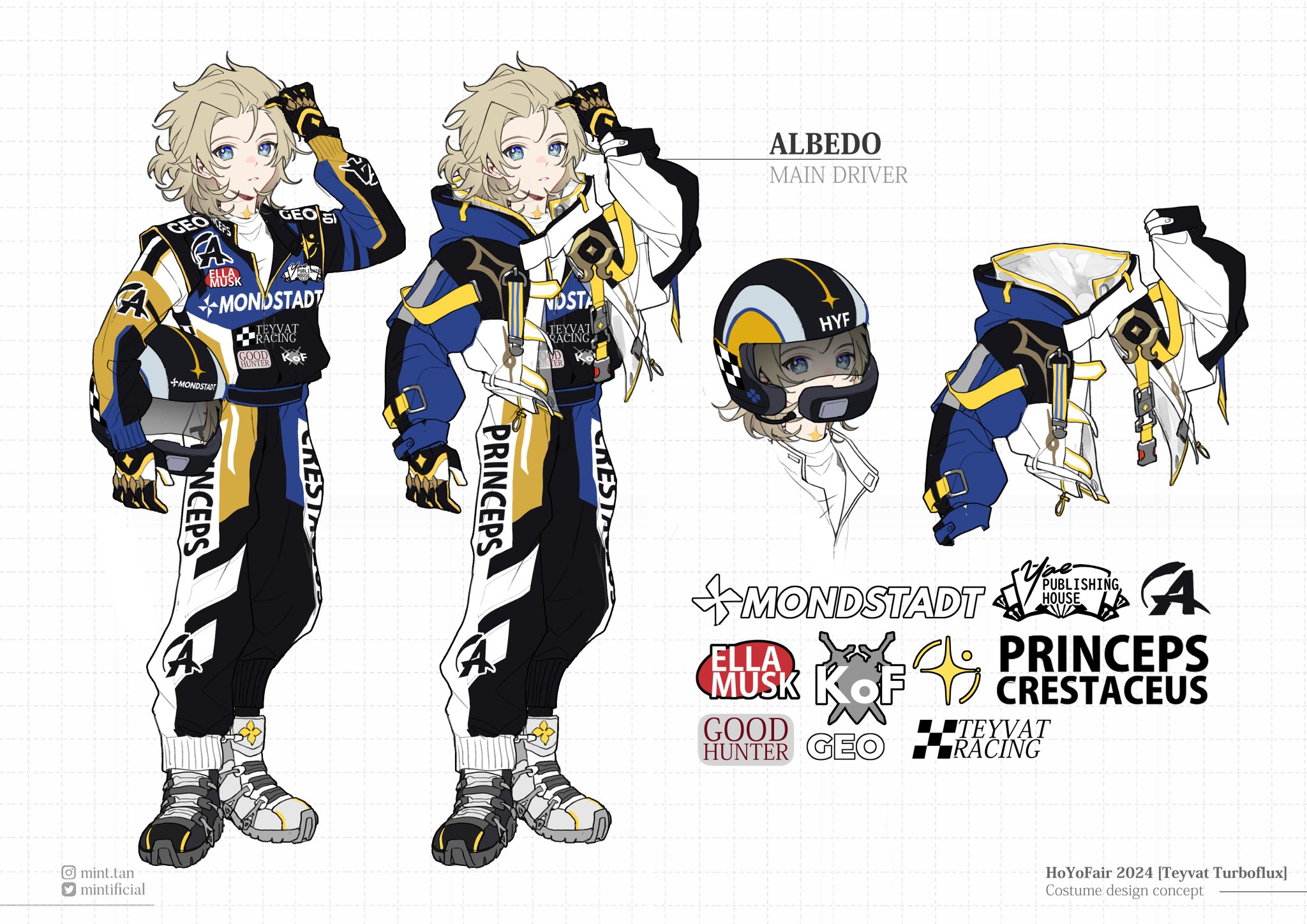 this image features albedo, a character from the popular video game genshin impact. in this illustration, albedo is styled as a race car driver. he wears a yellow and blue racing suit and holds a helmet,  with the words "albedo main driver" and various logos about the race car's sponsors,  including "mondstadt," "geo," and "teyvat racing," surrounding the illustration.