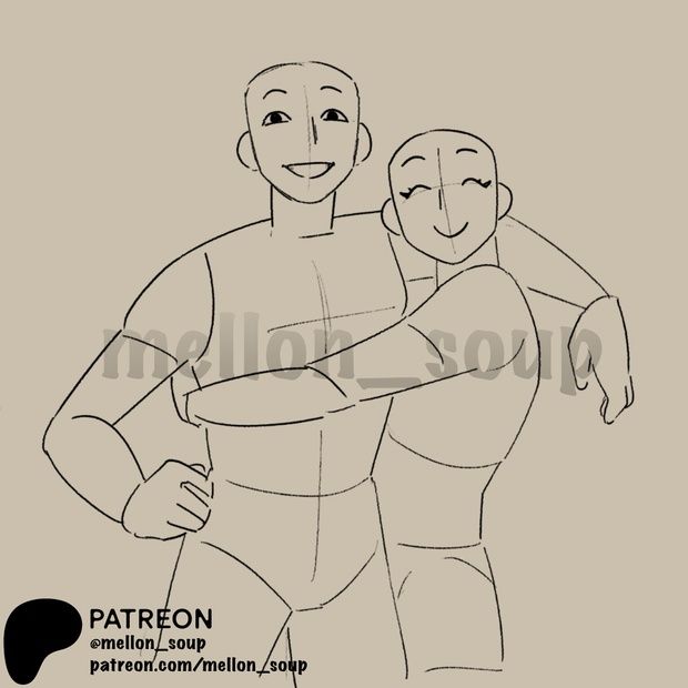 a simple line drawing of a couple hugging each other. the lines are simple and the figures are drawn in an anatomical way. they are both smiling. the image is set against a plain background.  the drawing is labeled "patreon" which means it was created for a crowdfunding platform.