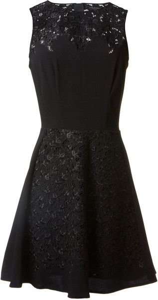 a black fitandflare cocktail dress with lace detailing at the neckline and skirt. the dress is sleeveless and falls to a midi length. the top portion of the dress is solid black, while the skirt is adorned with lace.