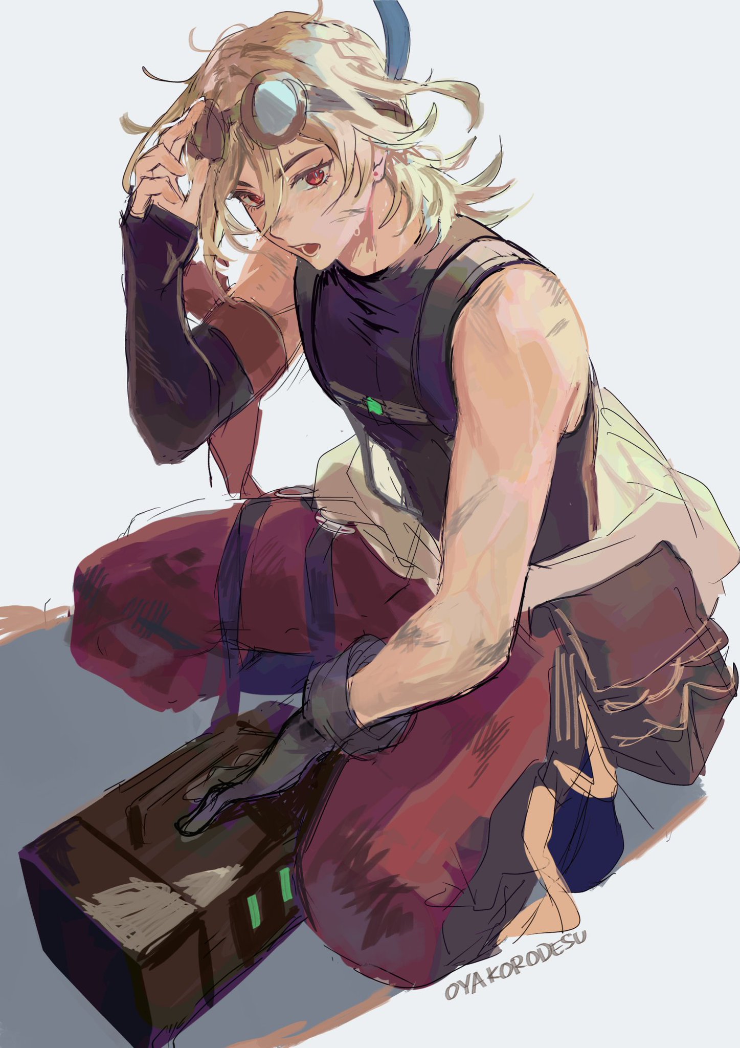 a digital drawing of a young anime character sitting with his hand on a rectangular box, he has short blonde hair, red eyes, and he is wearing goggles and a black tank top. his drawing has a rough and sketchy style.