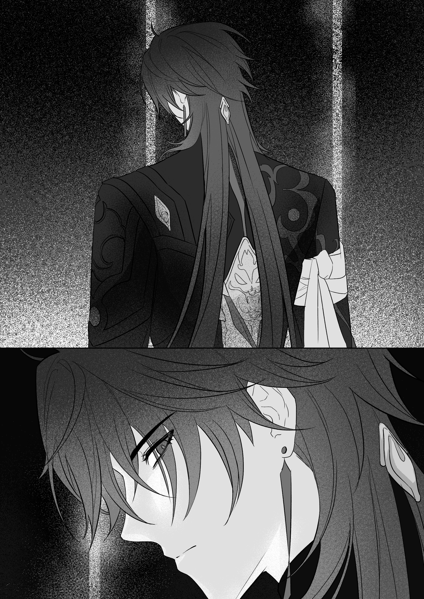 the image is a black and white portrait of two anime boys. the boy on top is facing away from the viewer. he has long black hair and is wearing a dark jacket with a intricate design.  the boy on the bottom is facing the viewer. he has long white hair and a sad expression.  he is wearing a dark jacket as well. the image has a somber and melancholic tone.