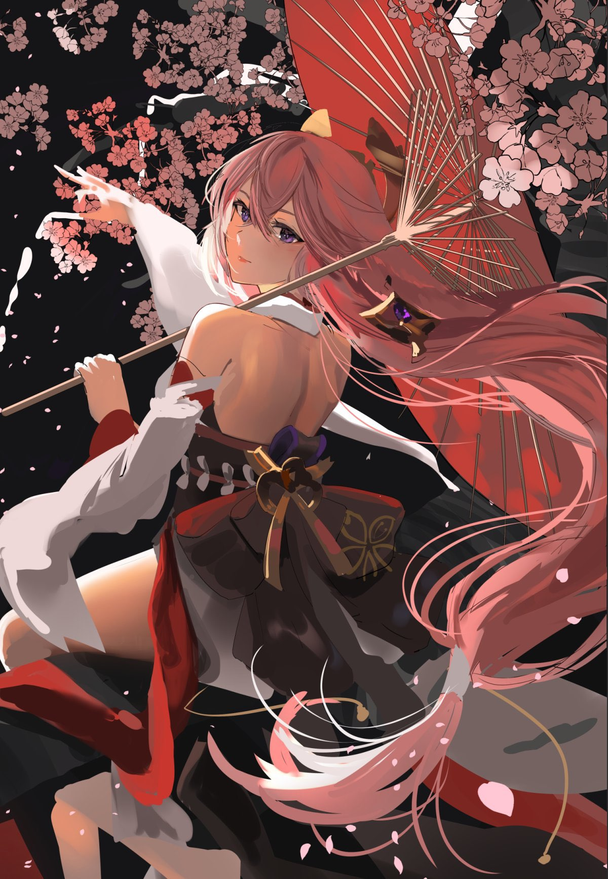 this is an animestyle illustration of a young woman with long pink hair. she is wearing a red and black kimono with a flowing white overrobe. she holds a traditional red parasol decorated with cherry blossoms, which also fall gently around her. the scene is set at night with soft, diffused lighting that highlights her form and the delicate blossoms. the overall composition is dynamic and elegant.