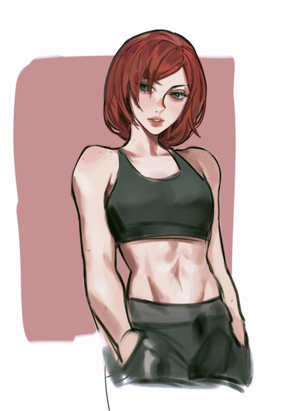 the image is a digital drawing or painting of a young, athletic animestyle woman. she has short, reddishbrown hair, fair skin with freckles, and a toned physique. she's wearing a darkcolored sports bra and dark leggings. her expression is confident and direct.  the background is a muted pinkishrose. the style is loose and slightly sketchy, focusing on the character's form and attitude rather than extreme detail.
