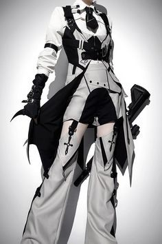 he image shows a person cosplaying a futuristic or steampunkinspired anime character. they are wearing a detailed costume consisting of a white shirt, a black and white layered vest and skirt, and long pants with black accents.  black straps and buckles adorn the costume.  the character also has on gloves and carries what appears to be a rifle.  the overall aesthetic is a blend of gothic, military and futuristic fashion elements. the pose is dramatic and the background is a simple, neutral grey.