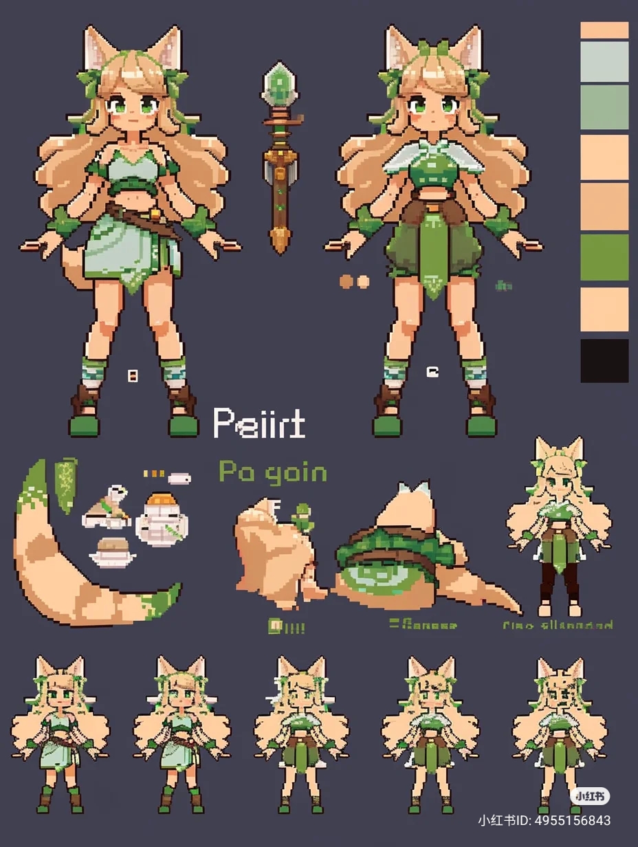 a pixel art character sheet for a video game featuring a female elf with blonde hair and a green outfit. she is holding a staff and has a fox tail. the sheet includes front, back, and side views of the character, as well as idle animations and color palettes.